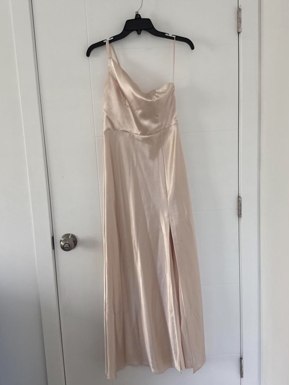 Birdy Grey One-Shoulder Satin Maxi Dress in Champagne Blush